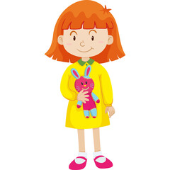 Young Girl With Orange Hair Holding A Pink Stuffed Bunny Toy Wearing A Yellow Dress And White Socks With Pink Shoes