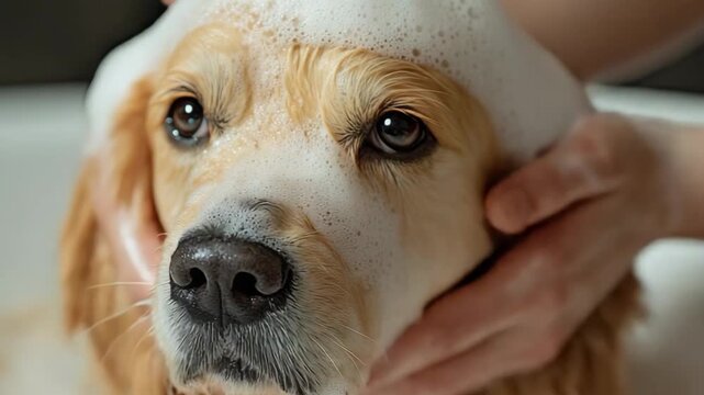 selective focus rich foam and bubbles creating relaxing bath experience for dog