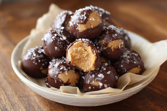 Indulge in decadent chocolate peanut butter balls sprinkled with sea salt, a perfect homemade treat for any occasion.