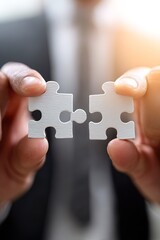 Hands connect puzzle pieces, symbolizing collaboration, strategy, and solutions.