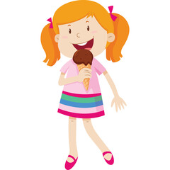 Young Girl With Orange Pigtails Wearing Pink Dress Eating Chocolate Ice Cream Cone Happy Expression Bright Colors Isolated On White