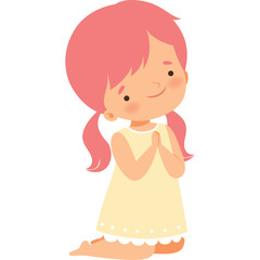 Young Girl With Pink Pigtails Wearing A Cream Colored Dress Folded Hands In Prayer On Transparent Background