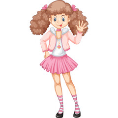 Young Girl With Pigtails Wearing A Pink Jacket And Skirt Waving And Sticking Her Tongue Out With Striped Socks And Black Shoes In A Full Body Shot Isolated On White Background