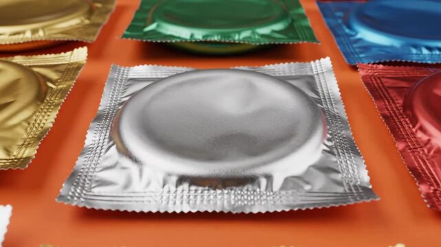 Colorful Condoms on Orange Background - This video shows a close-up of foil-wrapped condoms in various colors arranged on a bright orange surface.