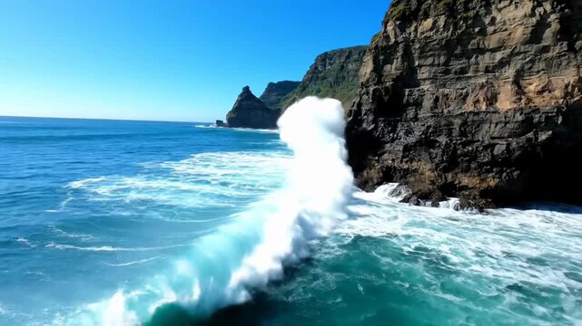 Large wave crashing against a rocky cliffside with a distant island on a clear day with blue waters and a clear blue sky.