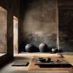 Serene, wabi-sabi inspired room featuring traditional pottery on tatami mats.