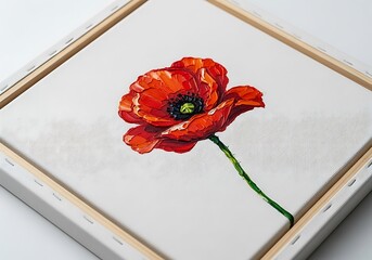 Close-up Impasto Painted Red Poppy on Canvas, Artistic Floral Depiction