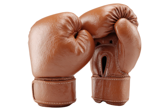 Vintage Boxing Gloves: Two weathered, brown leather boxing gloves rest poised, hinting at tales of grit, resilience, and the sweet science of the ring.