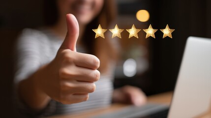 Hand giving thumbs up with five gold star rating for great service