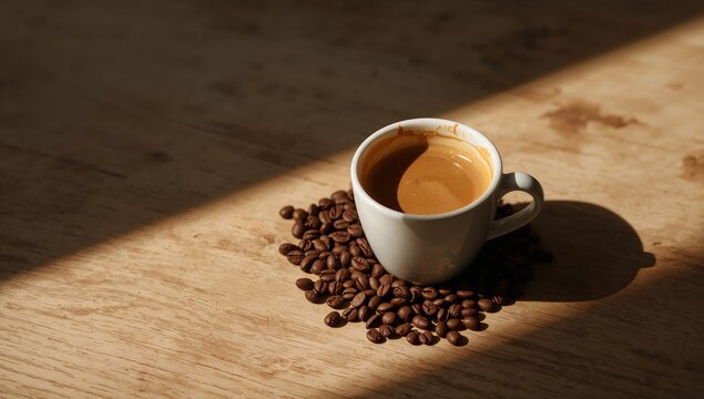 Aromatic Still Life. Coffee Cup and Beans Bathed in Morning Light, A Warm Aesthetic.