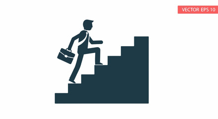 Silhouette of determined businessman climbing stairs with briefcase, symbolizing career growth and ambition.