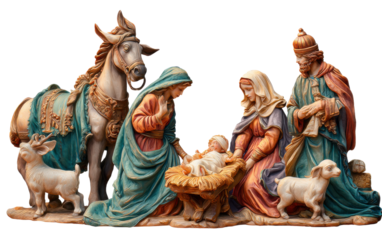 Nativity Scene: A depiction of the nativity scene with Mary, Joseph, and the baby Jesus, with the animals. A peaceful scene.