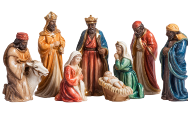 Nativity Scene: A depiction of the nativity scene, capturing the sacred event with figures of Mary, Joseph, baby Jesus, wise men and animals. a holy birth