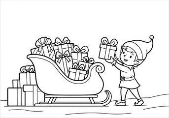 Christmas elf loading gifts into sleigh in outline style