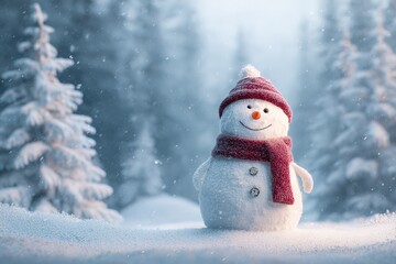 Cute snowman with red hat and scarf smiling in a serene winter wonderland.