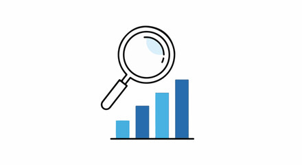 Magnifying glass examines growing blue bar chart, symbolizing data analysis and business growth.
