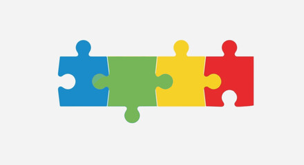 Four colorful puzzle pieces connecting to form a unified whole on a white background