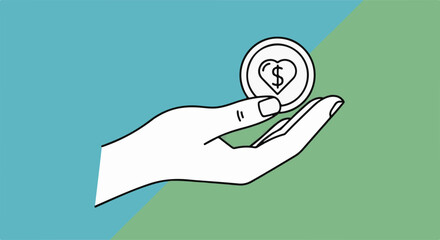 Generous hand offering a coin with a heart symbol, representing donation and kindness.
