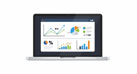 Modern laptop displaying colorful business analytics charts and graphs on a clean white background.