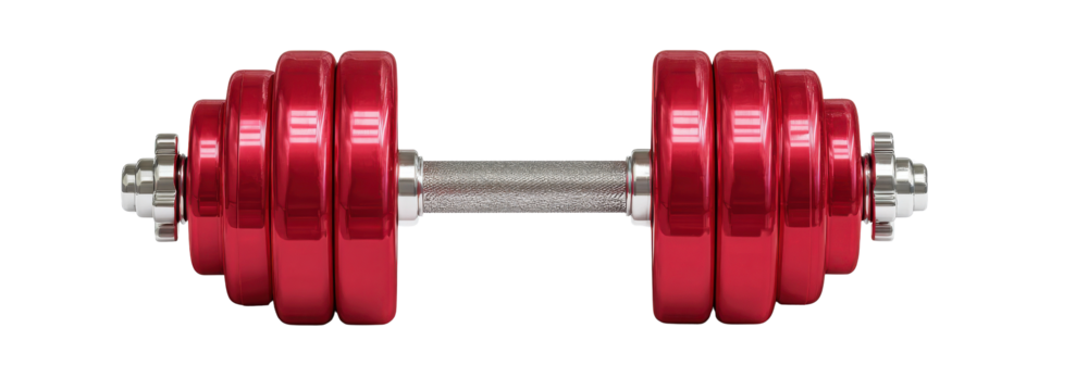Strength in Red: A bold red dumbbell, a symbol of strength and fitness, lies isolated, perfect for health and wellness visuals.