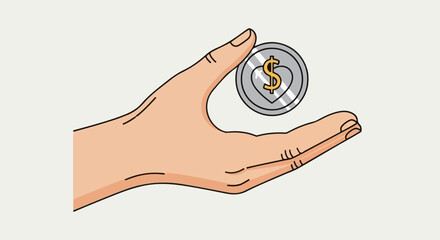 Hand holding a coin with a heart and dollar sign, symbolizing charity and investment