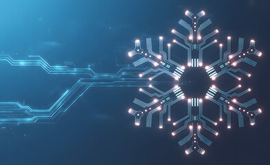 Digital snowflake with circuit board connections representing technology and winter innovation