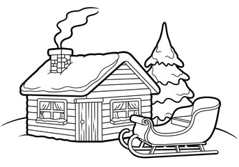 Winter cabin with smoking chimney and sleigh beside snow-covered tree in outline style