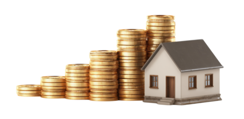 Property Investment Graph: A miniature house sits beside stacks of gold coins arranged to create a rising graph, illustrating the concept of investment growth in real estate. 