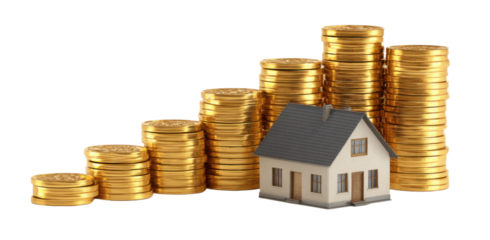 Investment Growth in Real Estate: A visually compelling representation of investment growth, with stacks of gold coins symbolizing increasing value and a miniature house representing real estate.