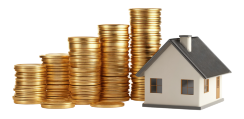 Real Estate Investment Growth: A visual representation of wealth creation through real estate. Stacks of gold coins rise like a growth chart alongside a miniature house.