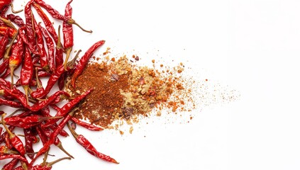Obraz premium Arrangement of Crimson Peppers and Grinded Spices, Creating a Warm Visual Palette.