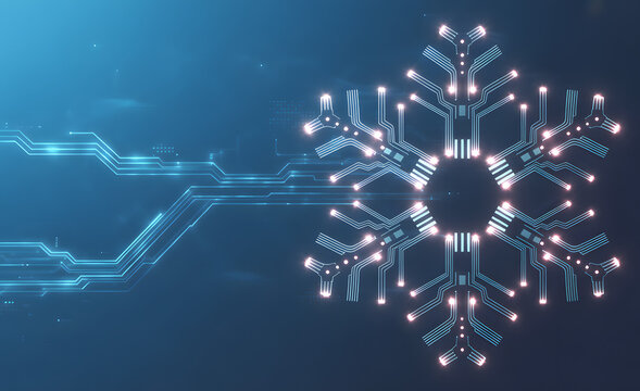 Digital snowflake with circuit board connections representing technology and winter innovation
