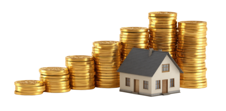 Investment Growth in Real Estate: A visually compelling representation of investment growth, with stacks of gold coins symbolizing increasing value and a miniature house representing real estate.