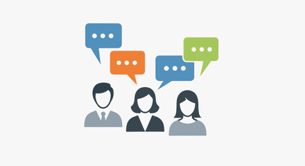 Diverse group of people communicating and sharing ideas through speech bubbles.