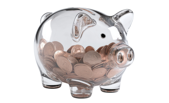 Piggy Bank of Savings: A transparent piggy bank, brimming with shiny coins, symbolizes financial security and the accumulation of wealth, perfect for illustrating concepts of saving and investment.
