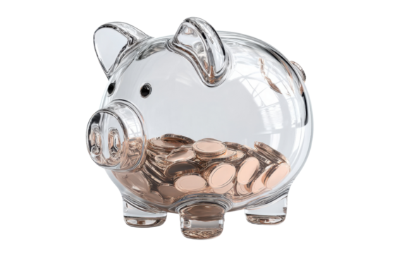 Transparent Piggy Bank and Coins: A transparent piggy bank, brimming with shiny coins, symbolizes financial prudence, investment, and the accumulation of wealth. - Powered by Adobe