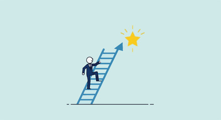Motivated businessman climbing ladder towards bright star representing success and ambition.