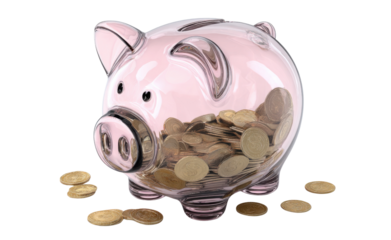 Saving for a Brighter Future: A transparent piggy bank, brimming with shiny gold coins, symbolizes the accumulation of wealth and financial security. Embodying the dreams of growth.