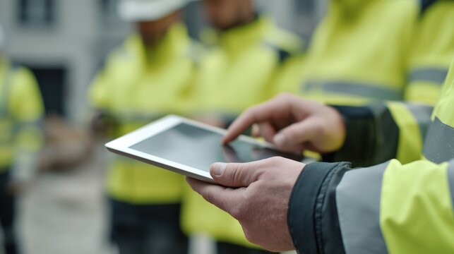 Construction worker in a safety vest using a digital tablet on a building site.