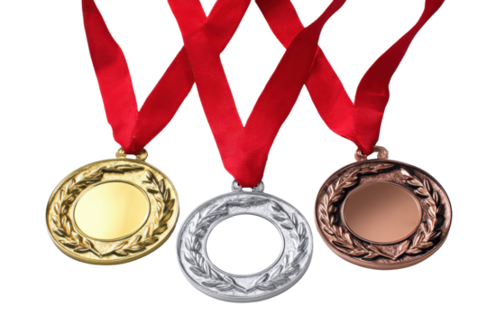 Trio of Triumphs: Three gleaming medals hang suspended, their ribbons a vibrant testament to victory and achievement. A close-up shot that captures the glint of gold, silver, and bronze.