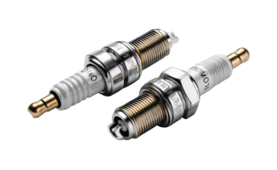 Spark Plugs Precision: Two meticulously crafted spark plugs, essential components of a combustion engine, presented against a clean backdrop.