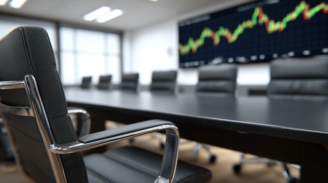 Modern corporate conference room with stock market chart displayed on a large screen.