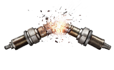 Spark Plug Explosion: An explosive visual showcases a spark plug splitting apart, with sparks flying in every direction, symbolizing power and mechanical energy.