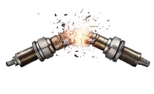 Spark Plug Explosion: An explosive visual showcases a spark plug splitting apart, with sparks flying in every direction, symbolizing power and mechanical energy.