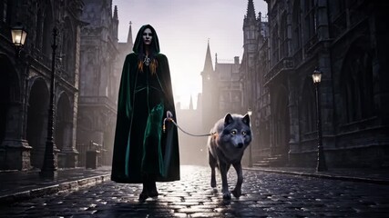 Woman in a dark green hooded cape walking a white wolf on a leash along a wet cobblestone street, surrounded by ancient gothic architecture in a mystical and mysterious setting