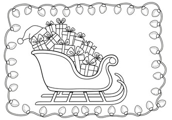 Christmas sleigh filled with gifts and surrounded by festive lights in outline style
