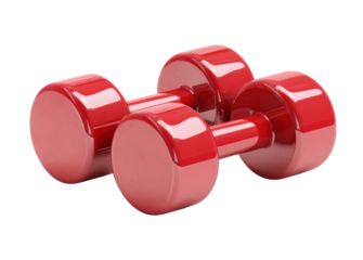 Red Dumbbells for Exercise: Two vibrant red dumbbells lie side by side, perfectly aligned, symbolizing the dedication to physical fitness and a healthy lifestyle. The smooth.
