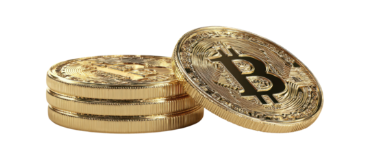 Bitcoin's Golden Display: A striking depiction of gold bitcoin coins, symbolizing the digital currency in a radiant display, perfect for illustrating financial concepts.