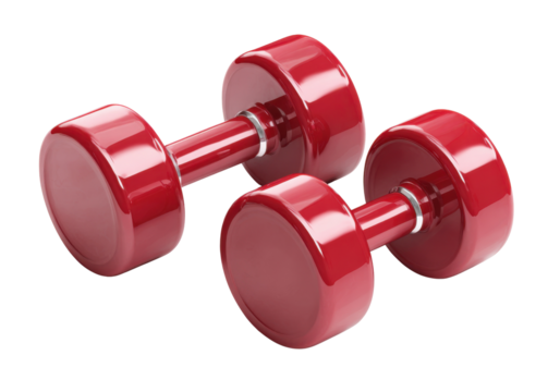 Red Dumbbells on Display: A vibrant pair of red dumbbells, symbolizing strength and dedication, sit ready for a workout. Capture the essence of fitness and achieving wellness.