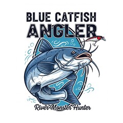 Fototapeta premium Blue Catfish as a logo print design on various media such as t-shirts, mugs, hats, tote bags, etc. for various events related to fishing hobbies, vintage cartoon flat design illustrations 